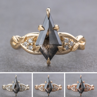 1.44 Carat Black Salt and Pepper Kite Diamond Engagement Ring, Leaf Quinn Setting
