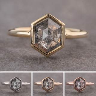 2.34 Carat Salt and Pepper Hexagon Diamond Engagement Ring, Bezel Jane Setting