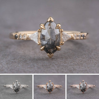 1.56 Carat Black Speckled Marquise Diamond Engagement Ring, Ombre Eliza Setting