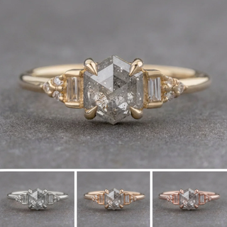 .99 Carat Salt and Pepper Hexagon Diamond Engagement Ring, Dahlia Setting, Point No Point Studio. Available in a variety of metal types. Eco-friendly, Recycled Metals, Conflict Free.