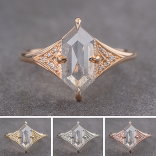 1.15 Carat Icy Salt and Pepper Hexagon Diamond Engagement Ring, Aela Setting, Point No Point Studio. Available in a variety of metal types. Eco-friendly, Recycled Metals, Conflict Free.