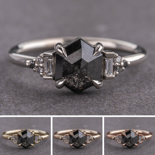 1.70 Carat Black Salt and Pepper Hexagon Diamond Engagement Ring, Ombre Dahlia Setting