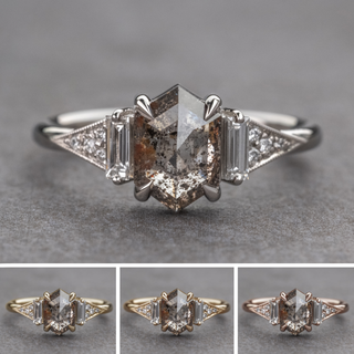 1.81 Carat Salt and Pepper Hexagon Diamond Engagement Ring, Azalea Setting, Point No Point Studio. Available in a variety of metal types. Eco-friendly, Recycled Metals, Conflict Free.