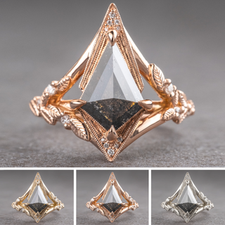 1.76 Carat Black Salt and Pepper Kite Diamond Engagement Ring, Thistle Setting