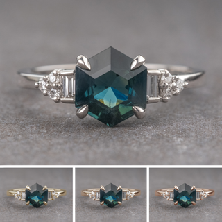 1.36 Carat Teal Hexagon Sapphire and Diamond Engagement Ring, Dahlia Setting