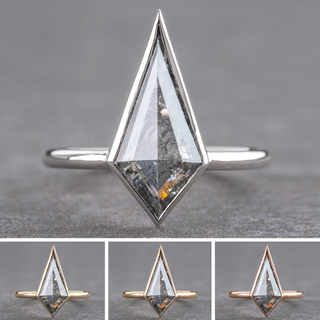 2.35 Carat Salt and Pepper Kite Diamond Engagement Ring, Bezel Jane Setting, Point No Point Studio. Available in a variety of metal types. Eco-friendly, Recycled Metals, Conflict Free.
