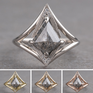 1.29 Carat Salt and Pepper Kite Diamond Engagement Ring, Arwen Setting, Point No Point Studio. Available in a variety of metal types. Eco-friendly, Recycled Metals, Conflict Free.