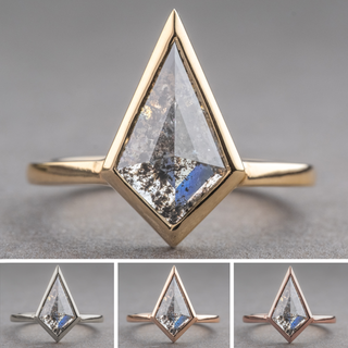 2.04 Carat Salt and Pepper Kite Diamond Engagement Ring, Bezel Jane Setting, Point No Point Studio. Available in a variety of metal types. Eco-friendly, Recycled Metals, Conflict Free.