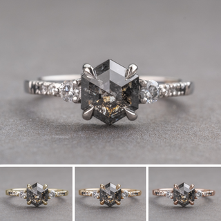 1.34 Carat Black Salt and Pepper Hexagon Diamond Engagement Ring, Ombre Eliza Setting, Point No Point Studio. Available in a variety of metal types. Eco-friendly, Recycled Metals, Conflict Free.