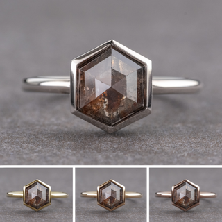 1.40 Carat Black Salt and Pepper Hexagon Diamond Engagement Ring, Bezel Jane Setting, Point No Point Studio. Available in a variety of metal types. Eco-friendly, Recycled Metals, Conflict Free.