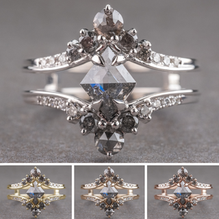 1.23 Carat Salt and Pepper Lozenge Diamond Engagement Ring, Empress Setting, Point No Point Studio. Available in a variety of metal types. Eco-friendly, Recycled Metals, Conflict Free.
