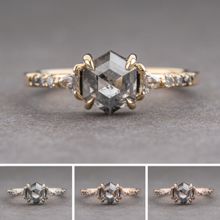 1.36 Carat Salt and Pepper Hexagon Diamond Engagement Ring, Ombre Eliza Setting, Point No Point Studio. Available in a variety of metal types. Eco-friendly, Recycled Metals, Conflict Free.