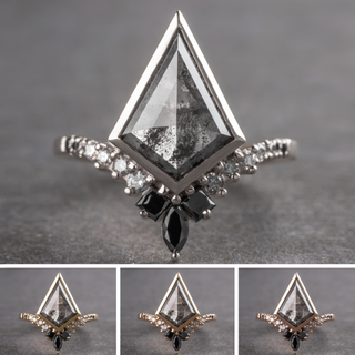 3.25 Carat Salt and Pepper Kite Diamond Engagement Ring, Bezel Ombre Willa Setting, Point No Point Studio. Available in a variety of metal types. Eco-friendly, Recycled Metals, Conflict Free.