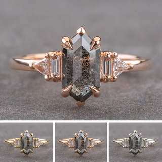 1.28 Carat Black Hexagon Diamond Engagement Ring, Beatrice Setting, Point No Point Studio. Available in a variety of metal types. Eco-friendly, Recycled Metals, Conflict Free.