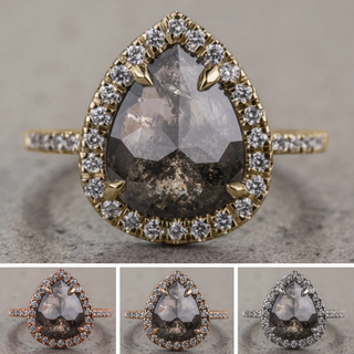 3.14 Carat Black Speckled Pear Diamond Engagement Ring, Fiona Setting, Point No Point Studio. Available in a variety of metal types. Eco-friendly, Recycled Metals, Conflict Free.