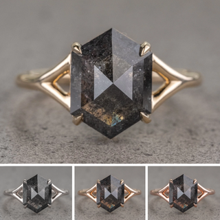 3.83 Carat Black Speckled Hexagon Diamond Engagement Ring, Split Shank Jane Setting