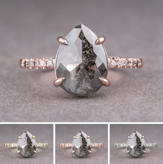 3.56 Carat Black Salt and Pepper Pear Diamond Engagement Ring, Ombre Jules Setting, Point No Point Studio. Available in a variety of metal types. Eco-friendly, Recycled Metals, Conflict Free.