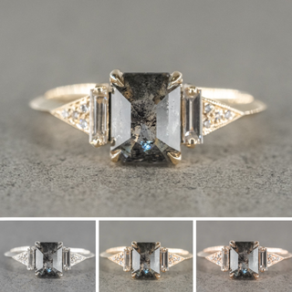 1.39 Carat Salt and Pepper Emerald Diamond Engagement Ring, Azalea Setting