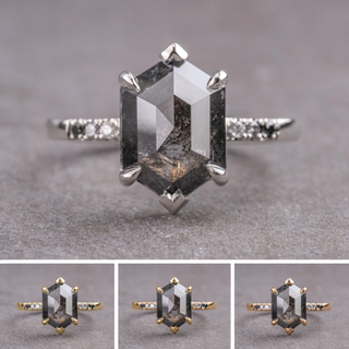 3.86 Carat Black Speckled Hexagon Diamond Engagement Ring, Ombre Sirena Setting, Platinum