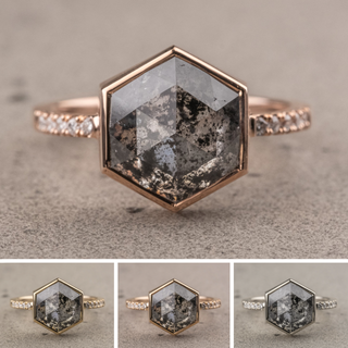 3.72 Carat Black Salt and Pepper Hexagon Diamond Engagement Ring, Bezel Jules Setting