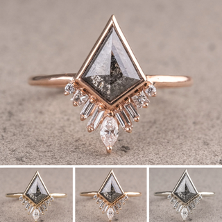 1.64 Carat Black Speckled Kite Diamond Engagement Ring, Bezel Wren Setting