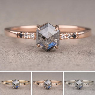 .92 Carat Salt and Pepper Hexagon Diamond Engagement Ring, Ombre Jules Setting