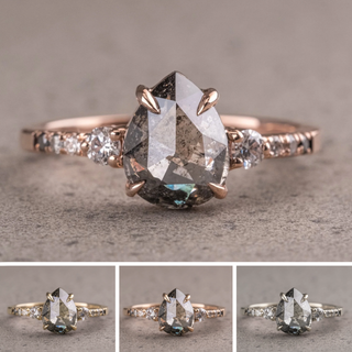 1.98 Carat Black Speckled Pear Diamond Engagement Ring, Ombre Eliza Setting, 14K Rose Gold