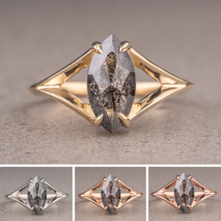 .74 Carat Black Salt and Pepper Marquise Diamond Engagement Ring, Split Shank Jane Setting