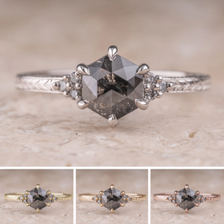 1.17 Carat Black Speckled Hexagon Engagement Ring, Engraved Quinn Setting
