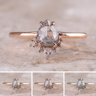 1.26 Carat Salt and Pepper Pear Diamond Engagement Ring, Ava Setting, Point No Point Studio. Available in a variety of metal types. Eco-friendly, Recycled Metals, Conflict Free.