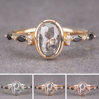 1.60 Carat Salt and Pepper Oval Diamond Engagement Ring, Bezel Astrid Setting