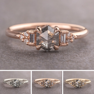 1.41 Carat Salt and Pepper Hexagon Diamond Engagement Ring, Dahlia Setting