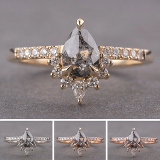 1.46 Carat Salt and Pepper Pear Diamond Engagement Ring, Avaline Setting, Point No Point Studio. Available in a variety of metal types. Eco-friendly, Recycled Metals, Conflict Free.