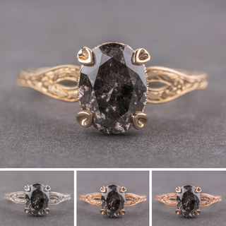 2.29 Carat Black Salt and Pepper Oval Diamond Engagement Ring, Faye Setting, Point No Point Studio. Available in a variety of metal types. Eco-friendly, Recycled Metals, Conflict Free.
