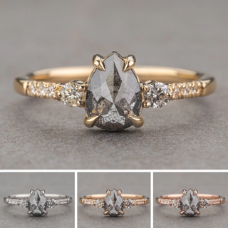 1.60 Carat Black Salt and Pepper Pear Diamond Engagement Ring, Eliza Setting, Point No Point Studio. Available in a variety of metal types. Eco-friendly, Recycled Metals, Conflict Free.