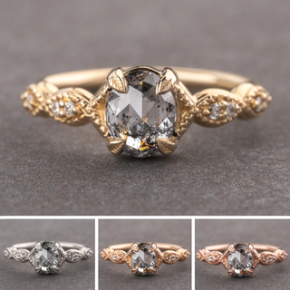 1.33 Carat Canadian Salt and Pepper Oval Diamond Engagement Ring, Winter Setting, Point No Point Studio. Available in a variety of metal types. Eco-friendly, Recycled Metals, Conflict Free.