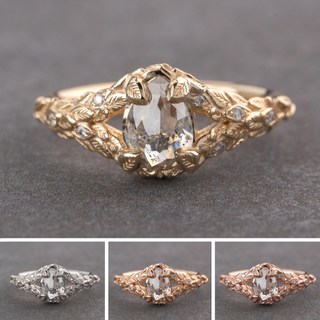 .91 Carat Salt and Pepper Pear Diamond Engagement Ring, Pixie Setting, Point No Point Studio. Available in a variety of metal types. Eco-friendly, Recycled Metals, Conflict Free.