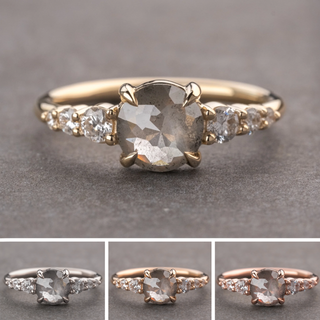 1.43 Carat Salt and Pepper Round Diamond Engagement Ring, Catherine Setting, Point No Point Studio. Available in a variety of metal types. Eco-friendly, Recycled Metals, Conflict Free.