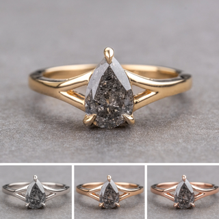 1.46 Carat Canadian Salt and Pepper Pear Diamond Engagement Ring, Split Shank Jane Setting, Point No Point Studio. Available in a variety of metal types. Eco-friendly, Recycled Metals, Conflict Free.
