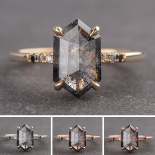 2.59 Carat Black Speckled Hexagon Diamond Engagement Ring, Ombre Lourdes Setting