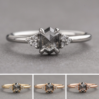.60 Carat Black Salt and Pepper Hexagon Diamond Engagement Ring, Quinn Setting, Point No Point Studio. Available in a variety of metal types. Eco-friendly, Recycled Metals, Conflict Free.