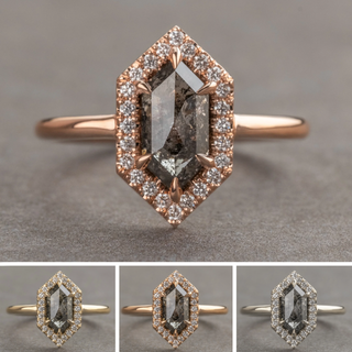 1.53 Carat Black Salt and Pepper Hexagon Diamond Engagement Ring, Halo Setting, Point No Point Studio. Available in a variety of metal types. Eco-friendly, Recycled Metals, Conflict Free.