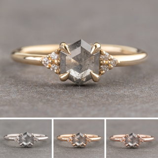 1.20 Carat Icy Salt and Pepper Hexagon Diamond Engagement Ring, Quinn Setting, Point No Point Studio. Available in a variety of metal types. Eco-friendly, Recycled Metals, Conflict Free.
