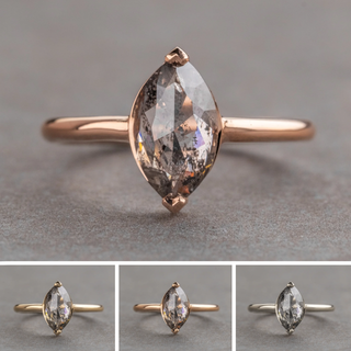 1.43 Carat Salt and Pepper Marquise Diamond Engagement Ring, Charlize Setting, Point No Point Studio. Available in a variety of metal types. Eco-friendly, Recycled Metals, Conflict Free.