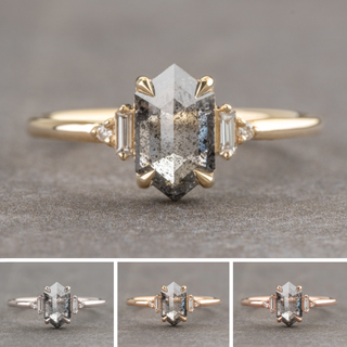 1.80 Carat Salt and Pepper Hexagon Diamond Engagement Ring, Betty Setting, Point No Point Studio. Available in a variety of metal types. Eco-friendly, Recycled Metals, Conflict Free.