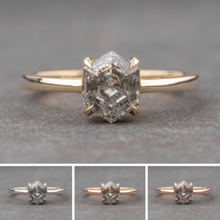 1.73 Carat Canadian Salt and Pepper Hexagon Diamond Engagement Ring, Lark Setting, Point No Point Studio. Available in a variety of metal types. Eco-friendly, Recycled Metals, Conflict Free.