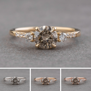 1.27 Carat Salt and Pepper Round Diamond Engagement Ring, Eliza Setting, Point No Point Studio. Available in a variety of metal types. Eco-friendly, Recycled Metals, Conflict Free.