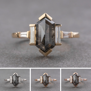 2.67 Carat Black Salt and Pepper Hexagon Diamond Engagement Ring, Bess Setting, Point No Point Studio. Available in a variety of metal types. Eco-friendly, Recycled Metals, Conflict Free.