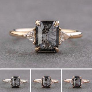 1.37 Carat Black Speckled Emerald Shaped Diamond Engagement Ring, Zoe Setting