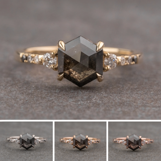 1.11 Carat Black Hexagon Diamond Engagement Ring, Ombre Eliza Setting, Point No Point Studio. Available in a variety of metal types. Eco-friendly, Recycled Metals, Conflict Free.